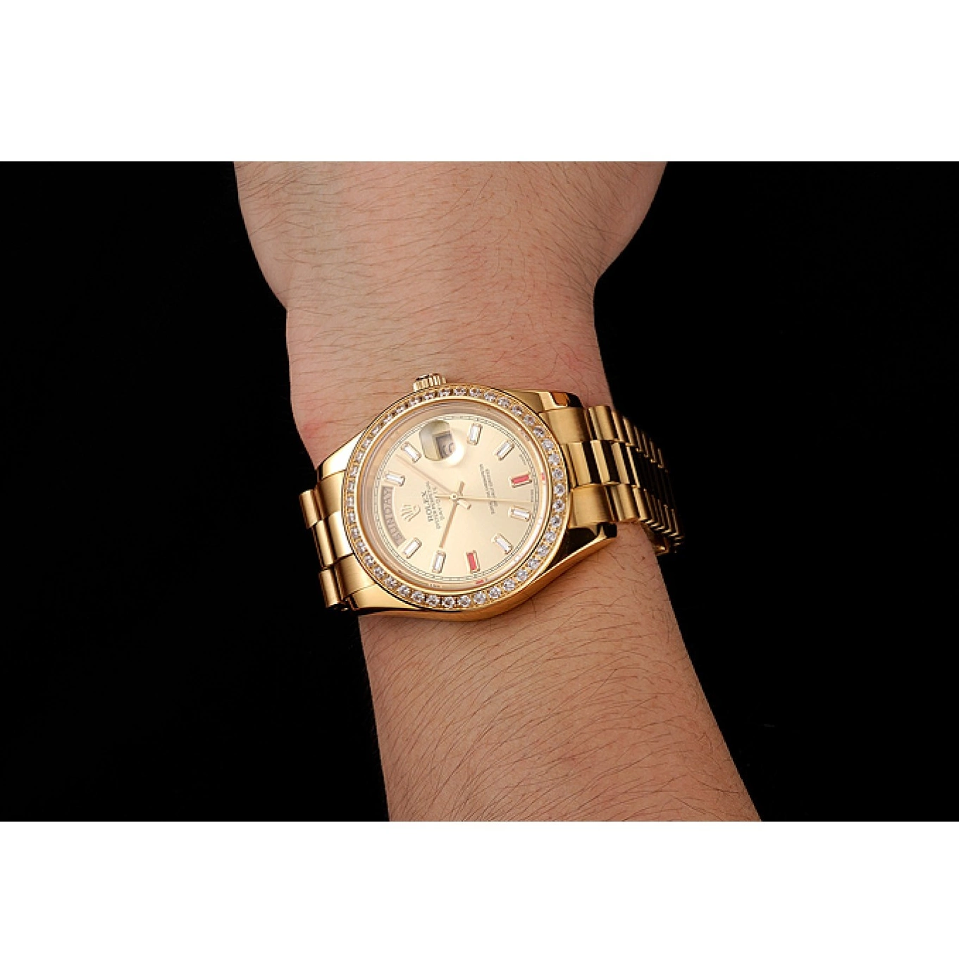 Best AAA Replica Sites 1454100 Champagne And Bracelet Swiss Rubies Dial Day-Date Diamonds Rolex Gold 0622